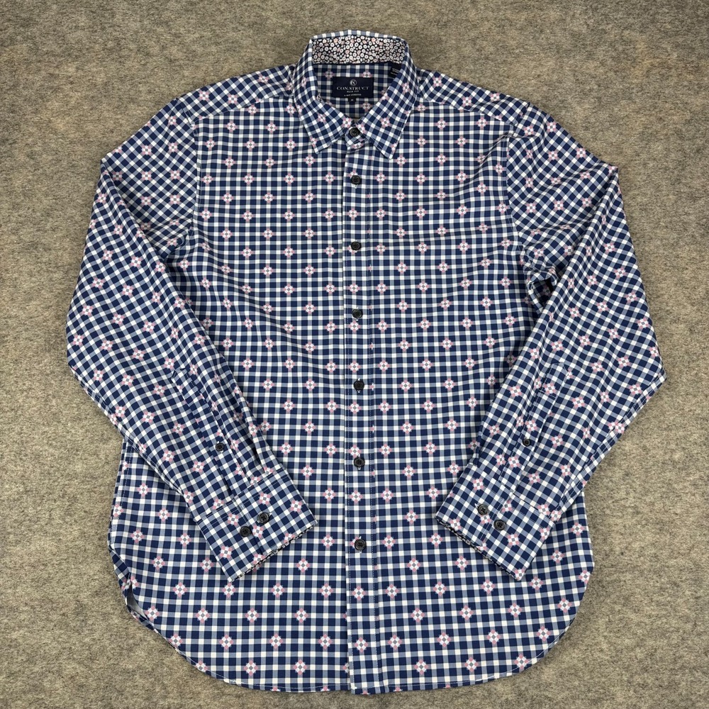 Con.Struct Slim Fit Button Up Shirt Long Sleeve Geometric Blue Mens Medium M